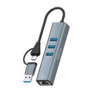 AISENS Conversor USB3.2 Gen1 USB-A+USB-C A Ethernet Gigabit 10 100 1000 Mbps + Hub 3xUSB3.0, Gris, 15cm