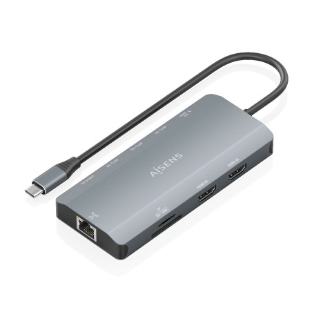 AISENS USB-C Dock 12 en 1, USB-C A 2xHDMI, 1xRJ45, 3xUSB-A, 1xUSB-C, 1xUSB-C PD, 1xSD, 1xMicro SD, Gris, 20cm
