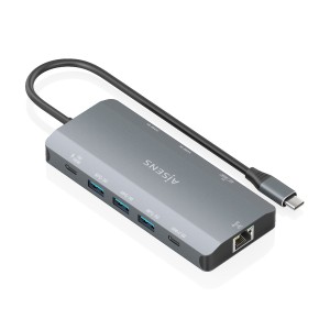 AISENS USB-C Dock 12 en 1, USB-C A 2xHDMI, 1xRJ45, 3xUSB-A, 1xUSB-C, 1xUSB-C PD, 1xSD, 1xMicro SD, Gris, 20cm