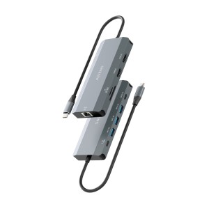 AISENS USB-C Dock 12 en 1, USB-C A 2xHDMI, 1xRJ45, 3xUSB-A, 1xUSB-C, 1xUSB-C PD, 1xSD, 1xMicro SD, Gris, 20cm