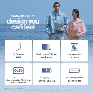 ASUS Zenbook 14 OLED UX3480QA-U1144W Copilot+ PC Copilot+ PC - Ordenador Portátil " WUXGA (Snapdragon X1-26-100, 16GB RAM,