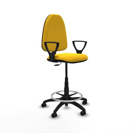 Taburete Aına CP similpiel amarillo brazos fijos base poliamida ruedas autofrenantes 50mm