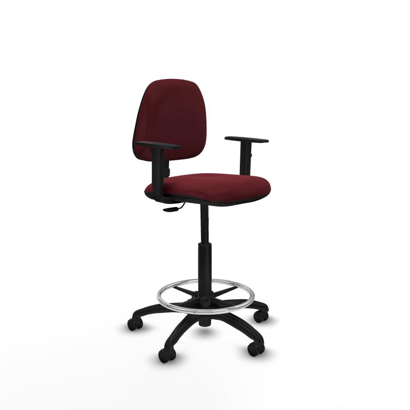 Taburete Isso CP similpiel granate brazos 1D base poliamida ruedas autofrenantes 50mm