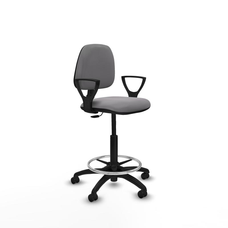 Taburete Isso CP similpiel gris brazos fijos base poliamida ruedas engomadas 50mm