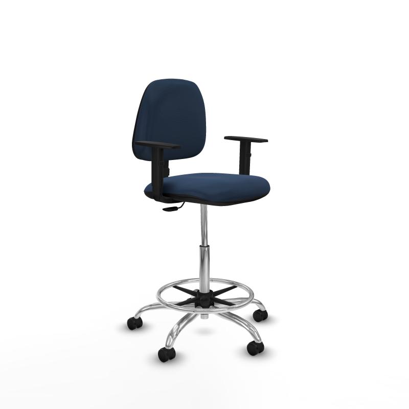 Taburete Isso CP similpiel azul marino brazos 1D base cromada ruedas autofrenantes 50mm