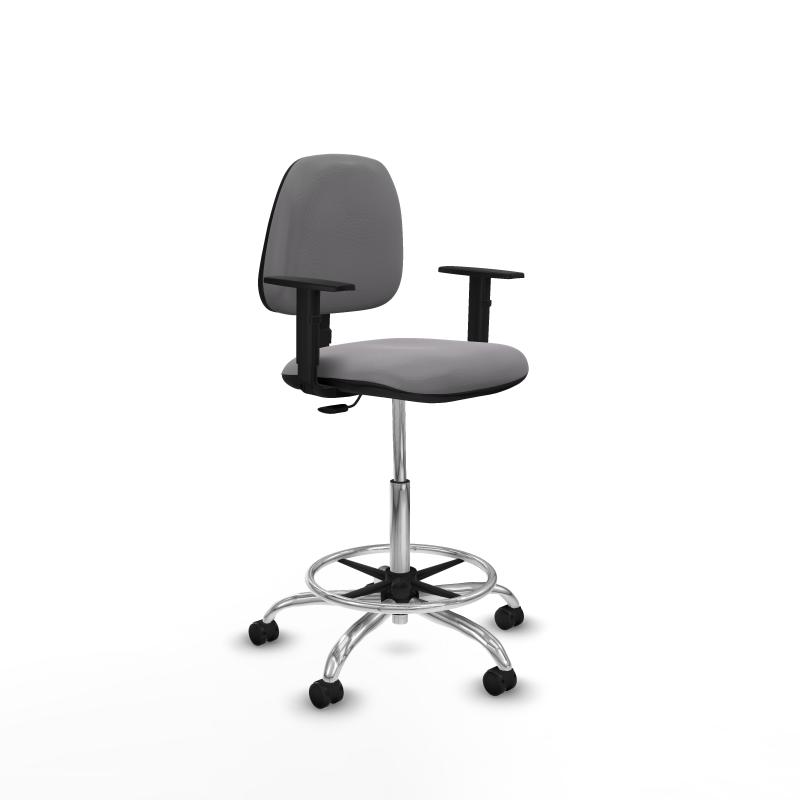 Taburete Isso CP similpiel gris brazos 1D base cromada ruedas engomadas 50mm