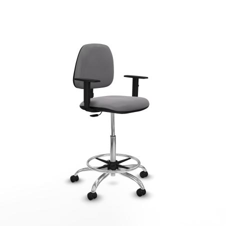 Taburete Isso CP similpiel gris brazos 1D base cromada ruedas engomadas 50mm