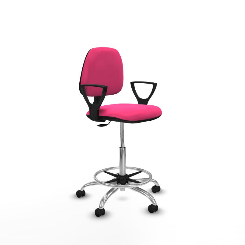 Taburete Isso CP similpiel rosa brazos fijos base cromada ruedas engomadas 50mm