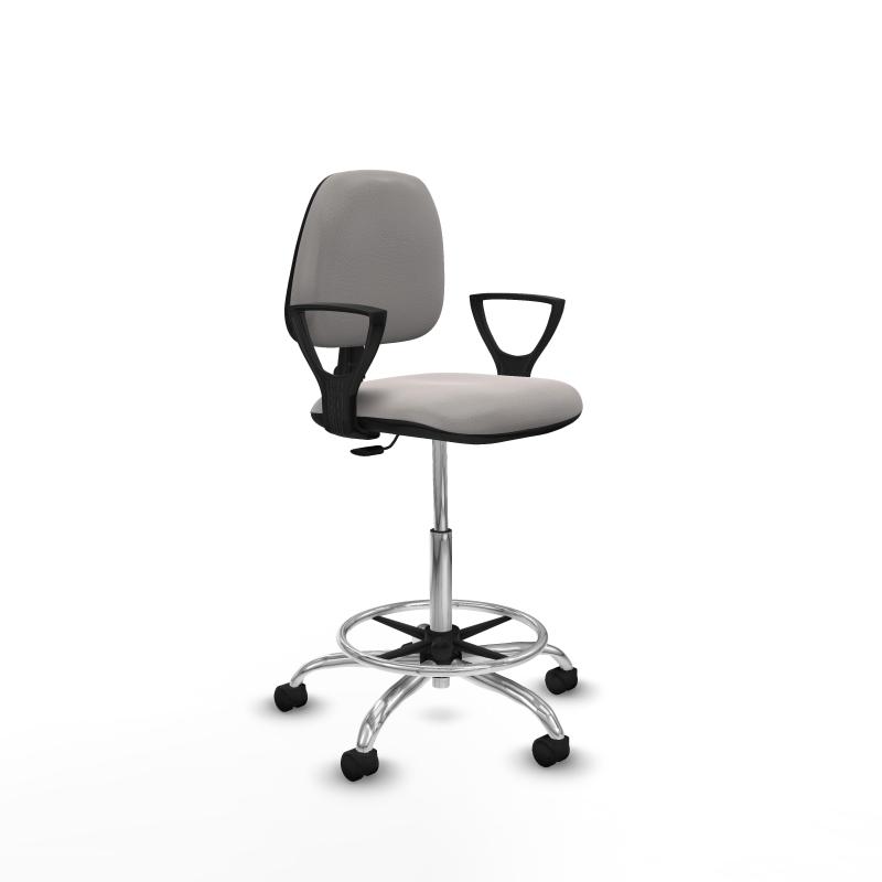 Taburete Isso CP similpiel blanco brazos fijos base cromada ruedas nailon 50mm