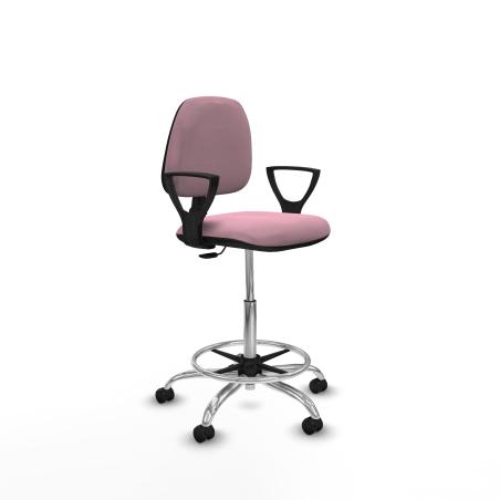 Taburete Isso CP bali rosa brazos fijos base cromada ruedas autofrenantes 50mm
