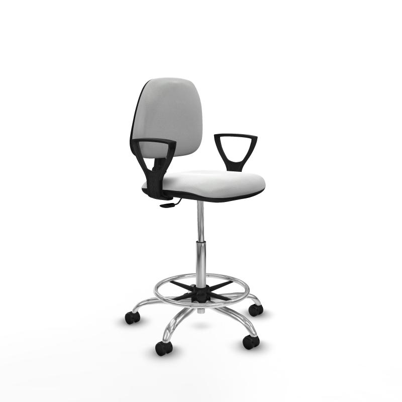 Taburete Isso CP bali blanco brazos fijos base cromada ruedas autofrenantes 50mm