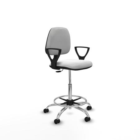 Taburete Isso CP bali blanco brazos fijos base cromada ruedas autofrenantes 50mm