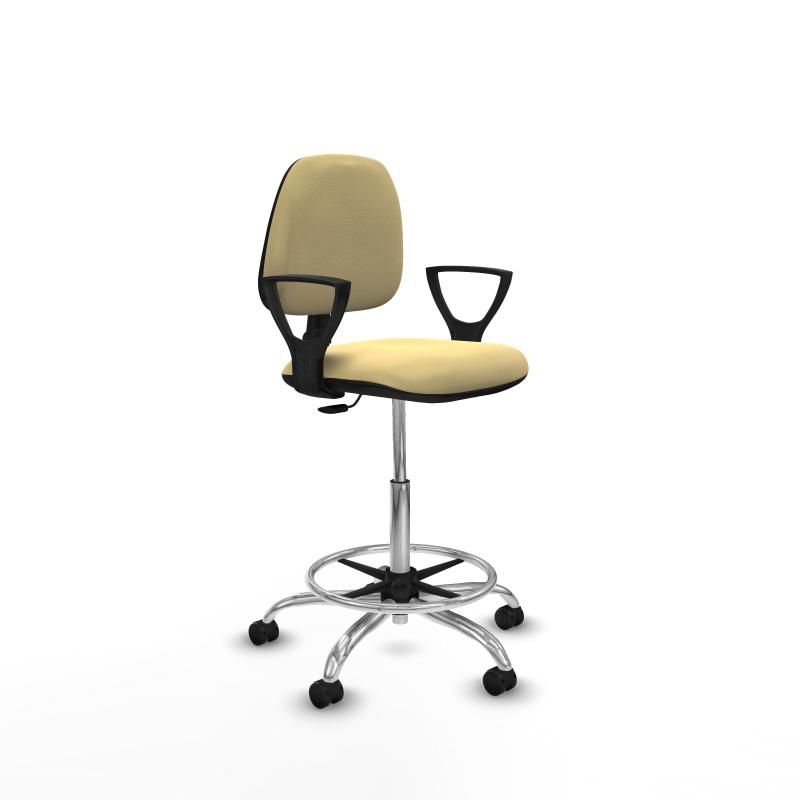 Taburete Isso CP similpiel crema brazos fijos base cromada ruedas autofrenantes 50mm