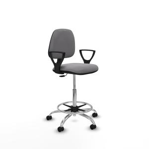 Taburete Isso CP similpiel gris brazos fijos base cromada ruedas autofrenantes 50mm