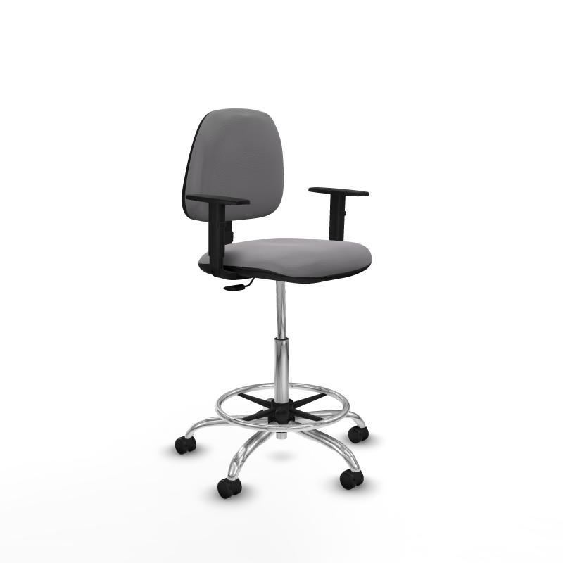 Taburete Isso CP similpiel gris brazos 1D base cromada ruedas autofrenantes 50mm