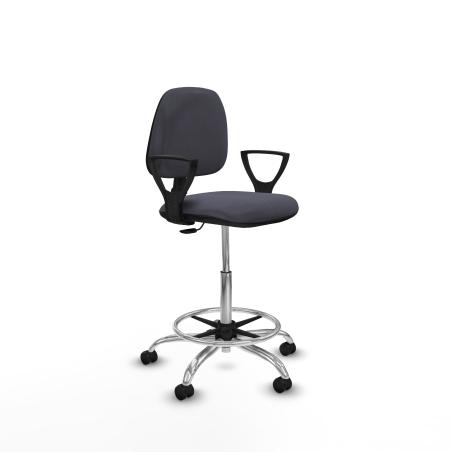 Taburete Isso CP bali gris oscuro brazos fijos base cromada ruedas autofrenantes 50mm
