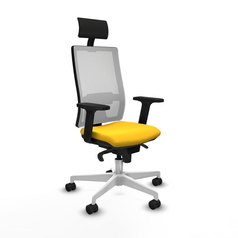 Horna sincro malla blanca similpiel amarillo brazos 2D base blanca cabecero fijo ruedas 65mm nailon