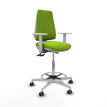 Taburete Elche blanco AS similpiel pistacho brazos blancos base blanca ruedas 65mm engomadas