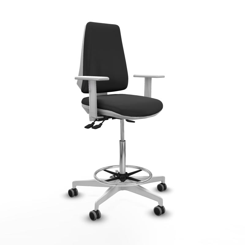 Taburete Elche blanco AS similpiel gris oscuro brazos blancos base blanca ruedas 65mm engomadas
