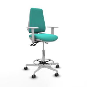 Taburete Elche blanco AS similpiel turquesa brazos blancos base blanca ruedas 65mm engomadas