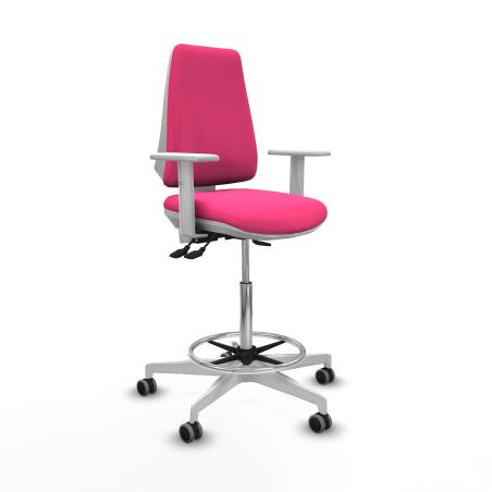 Taburete Elche blanco AS similpiel rosa brazos blancos base blanca ruedas 65mm engomadas