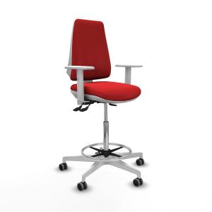 Taburete Elche blanco AS similpiel rojo brazos blancos base blanca ruedas 65mm engomadas