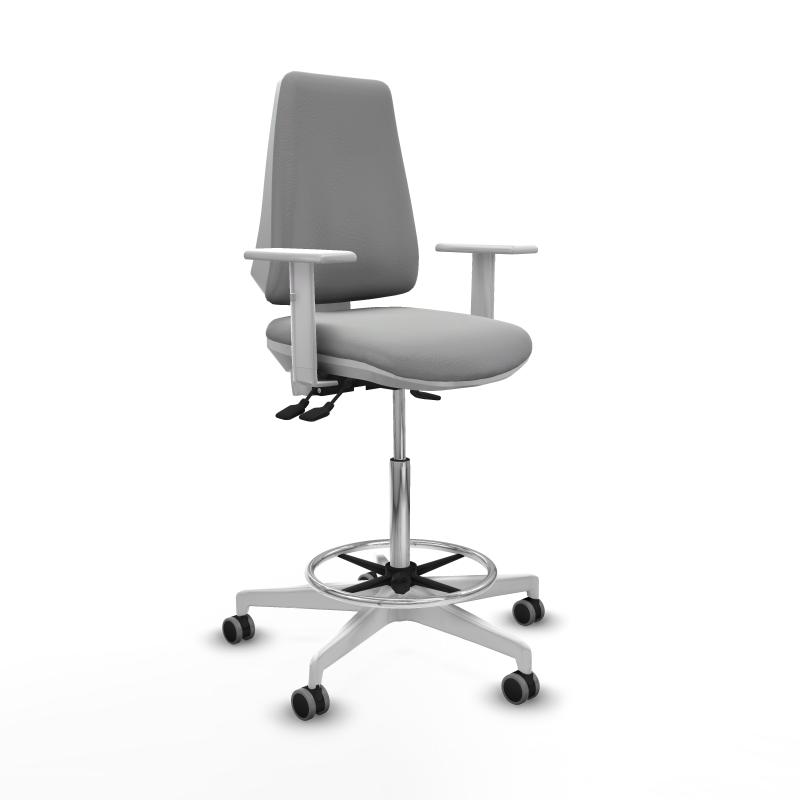 Taburete Elche blanco AS similpiel gris claro brazos blancos base blanca ruedas 65mm engomadas