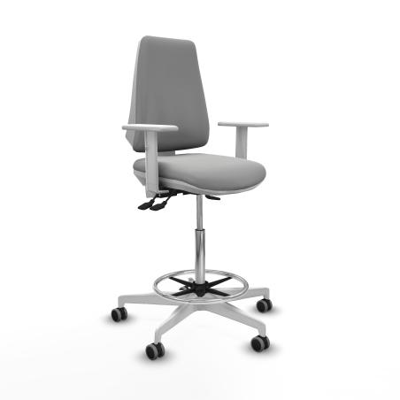 Taburete Elche blanco AS similpiel gris claro brazos blancos base blanca ruedas 65mm engomadas