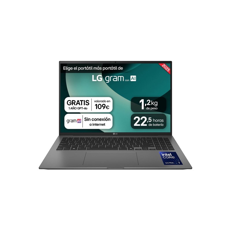 LG Gram 16ZD90T Intel Core Ultra 5 225H Portátil 40,6 cm (16") WQXGA 16 GB LPDDR5x-SDRAM 512 GB SSD Wi-Fi 7 (802.11be) FreeDOS