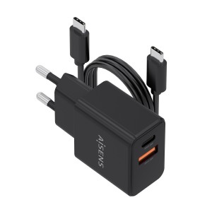AISENS Cargador GaN 20W con cable USB-C 1m, 1xUSB-C PD3.0, 1xUSB-A QC3.0, negro