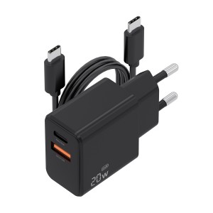 AISENS Cargador GaN 20W con cable USB-C 1m, 1xUSB-C PD3.0, 1xUSB-A QC3.0, negro