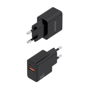 AISENS Cargador GaN 20W con cable USB-C 1m, 1xUSB-C PD3.0, 1xUSB-A QC3.0, negro