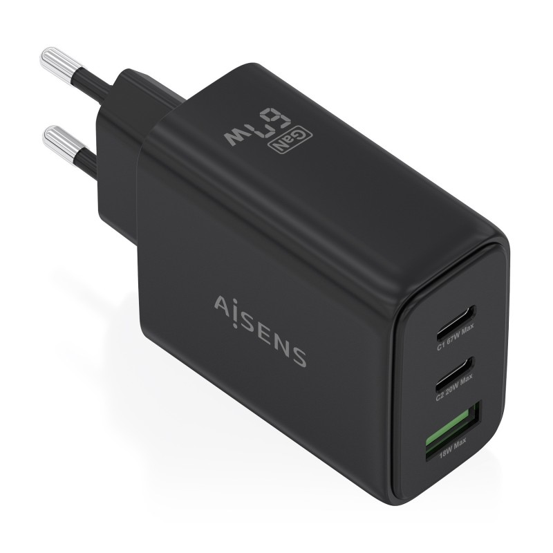 AISENS Cargador GaN 67W, 2xUSB-C PD3.0 QC4.0, 1xUSB-A QC3.0, negro
