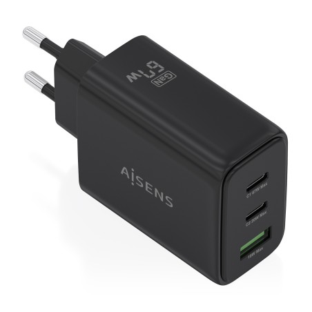 AISENS Cargador GaN 67W, 2xUSB-C PD3.0 QC4.0, 1xUSB-A QC3.0, negro