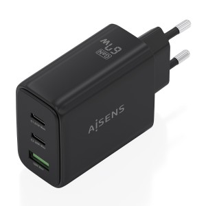 AISENS Cargador GaN 67W, 2xUSB-C PD3.0 QC4.0, 1xUSB-A QC3.0, negro