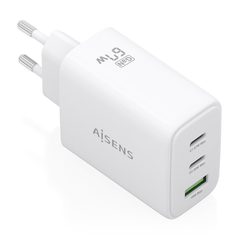 AISENS Cargador GaN 67W, 2xUSB-C PD3.0 QC4.0, 1xUSB-A QC3.0, blanco