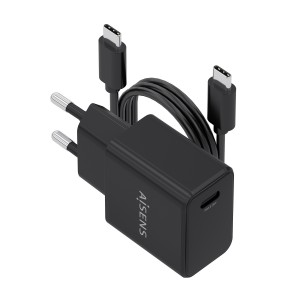 AISENS Cargador GaN USB-C PD3.0 1xUSB-C 20W con cable USB-C 1m, negro
