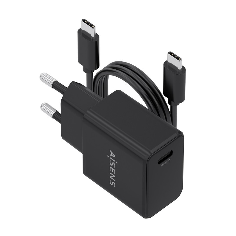 AISENS Cargador GaN USB-C PD3.0 1xUSB-C 20W con cable USB-C 1m, negro