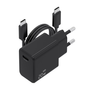 AISENS Cargador GaN USB-C PD3.0 1xUSB-C 20W con cable USB-C 1m, negro